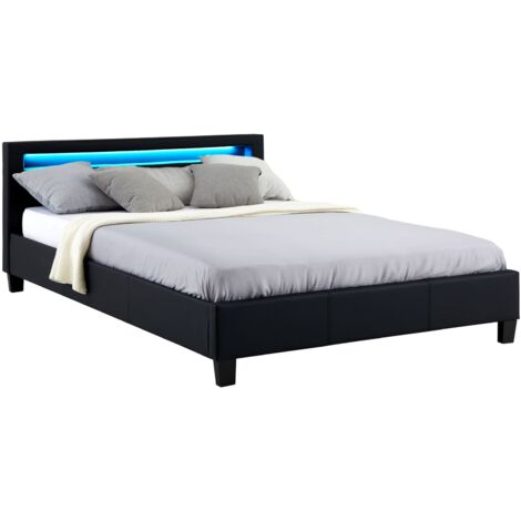 Idimex – Lit LED double 140x190 cm – Sommier inclus – Revêtement synthétique noir – Éclairage LED personnalisable avec télécommande