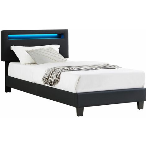 Idimex – Lit LED simple 90x190 cm avec sommier à lattes – Revêtement synthétique noir – Éclairage LED 7 coloris – Hauteur de tête de lit réglable