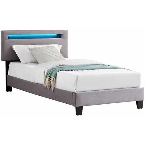 Idimex – Lit simple 90x190 cm avec sommier à lattes – Revêtement tissu gris – Tête de lit réglable en hauteur – Éclairage LED intégré