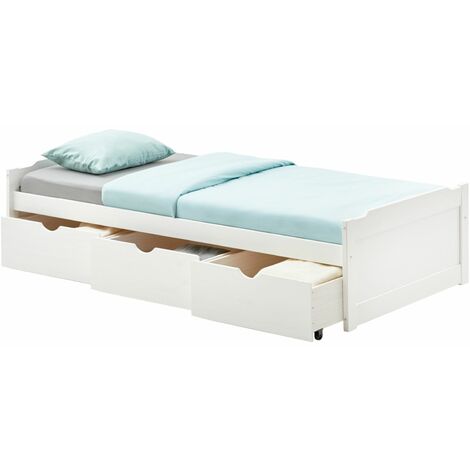 Idimex – Lit simple 90 x 190 cm – Structure en pin massif lasuré blanc – 3 tiroirs de rangement intégrés – Bords arrondis pour sécurité - MIA 90 X