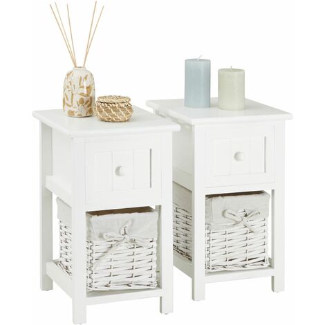 Idimex – Lot de 2 tables de chevet en bois de paulownia blanc – 1 tiroir et 1 panier en osier – Style campagne pour chambre élégante