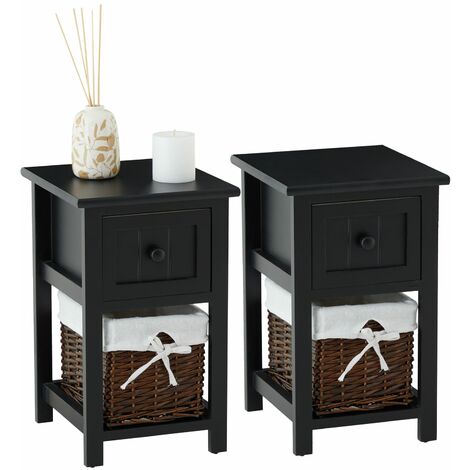 Idimex – Lot de 2 tables de chevet en bois de paulownia lasuré noir – 1 tiroir et panier en osier – Dimensions tiroir 17x12x23 cm