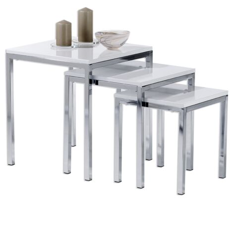 Idimex – Lot de 3 tables gigognes carrées – Métal chromé – Décor blanc brillant – Dimensions 40x45cm, 35x39cm, 30x33cm – Rangement gain de place