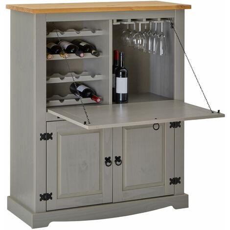 Idimex – Meuble bar à vin en pin massif lasuré gris et brun – Dimensions 121 x 98 x 40 cm – Espace pour 16 bouteilles et 16 verres