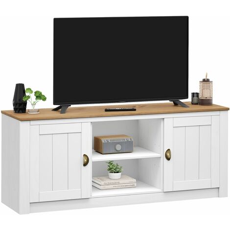 Idimex – Meuble TV en pin massif 138 cm – Blanc et brun – 2 niches ouvertes et 2 compartiments fermés – Poignées en métal bronze