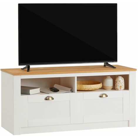 Idimex – Meuble TV en pin massif blanc et brun – 2 tiroirs et 2 niches ouvertes – Dimensions 50 x 110 x 40 cm – Poignées en métal doré