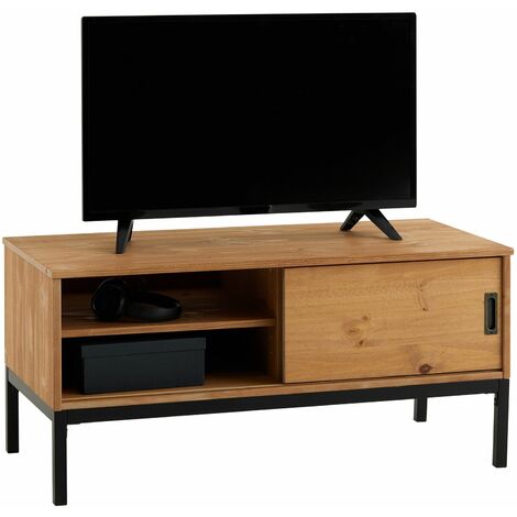 Idimex – Meuble TV Selma – 1 porte coulissante – Pin massif brun clair – Dimensions 47x98x47 cm – Design rétro industriel