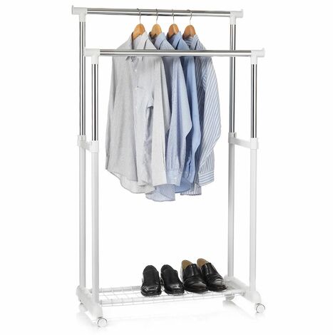 Idimex – Portant à vêtements en métal chromé et blanc – Hauteur réglable jusqu'à 164 cm – 4 roulettes pour un déplacement facile – Charge max 15 kg