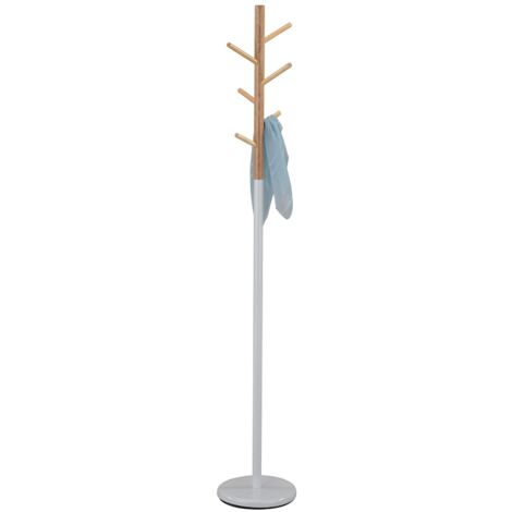 Idimex – Porte-manteau en métal laqué blanc et pin massif – 6 crochets à différentes hauteurs – Design moderne en forme d'arbre – Socle 30 cm