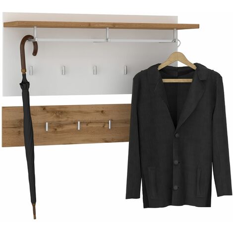 Idimex – Portemanteau mural 9 patères en mélaminé chêne wotan et blanc – Dimensions étagère 90x28cm – Accès enfant pour vêtements