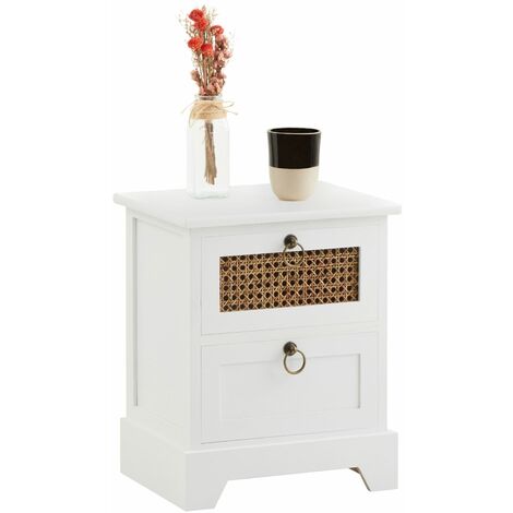 Idimex – Table de chevet 2 tiroirs en bois de paulownia lasuré blanc et rotin naturel – Style vintage – Chevet livré monté