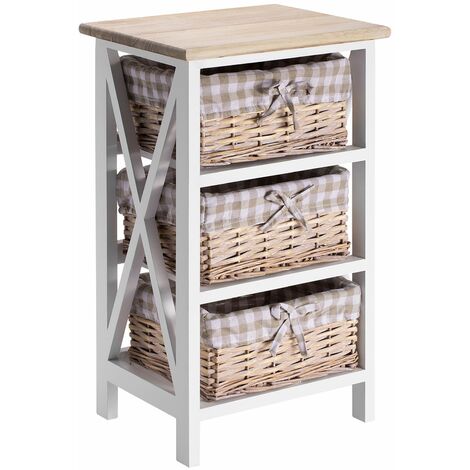 Idimex – Table de chevet en bois de paulownia lasuré blanc mat – 3 paniers en polyester brun effet blanchi – Style shabby chic