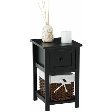 Idimex – Table de chevet en bois de paulownia lasuré noir – 1 tiroir et panier en osier avec doublure tissu – Style campagne élégant