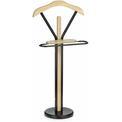Idimex – Valet de chambre en métal et bois laqué noir et chêne sonoma – Porte-vêtements et tablette vide-poche – Design moderne élégant