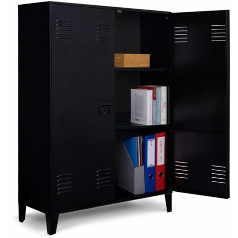 Idmarket – Armoire basse 2 portes métal noir – Dimensions 75x33x110 cm – Fermeture aimantée – Design industriel pour rangement moderne