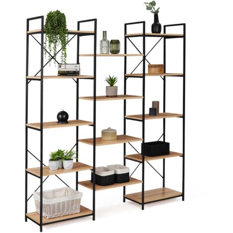 Idmarket – Bibliothèque design industriel 170 cm – 5 niveaux avec 14 étagères en bois et métal noir – Idéal pour rangement moderne
