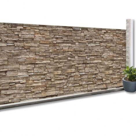 Idmarket – Brise vue occultant 1,5 x 10 m – Trame 100% polyester – Grammage 160 gr/m² – Motif pierre marron – Protection contre le vent et les regards