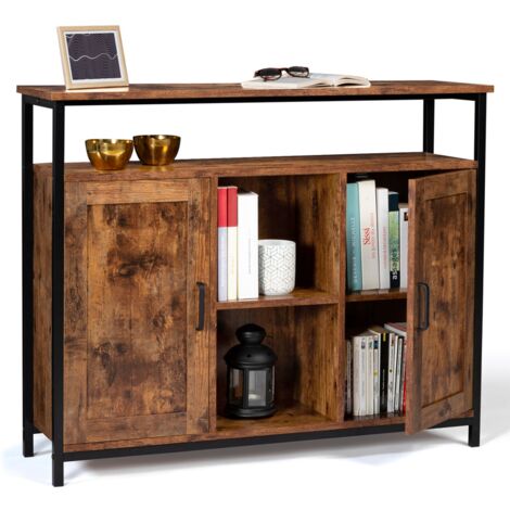 Idmarket – Buffet 2 portes 100 cm avec étagères modulables – Bois effet vieilli et métal noir – Design industriel pour rangement vaisselle
