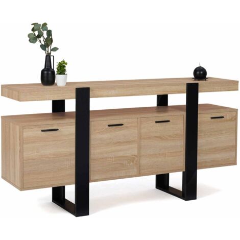 Idmarket – Buffet 160 cm 4 portes en bois noir – Rangement moderne avec étagères – Design inspiré des ateliers – Montage facile