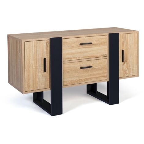Idmarket – Buffet bas 105 cm – 2 portes et 2 tiroirs – Bois et noir – Dimensions compactes pour petits espaces – Style industriel moderne