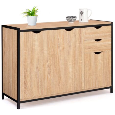 Idmarket – Buffet bas 110 cm avec placards et tiroirs – Structure bi-matière bois et métal – Design industriel pour salle à manger