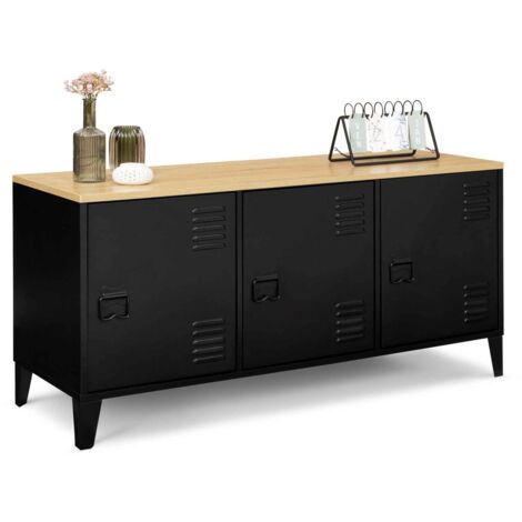 IDMARKET Buffet bas ESTER 3 portes métal noir plateau bois design industriel