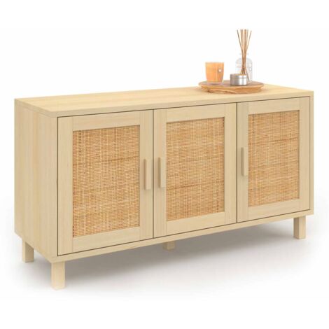 Idmarket – Buffet bas vintage 113 cm – 3 portes en cannage naturel – Structure en panneaux de particules – Ambiance cosy et chaleureuse