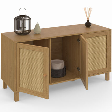 Idmarket – Buffet bas vintage 113 cm – 3 portes en cannage naturel – Style bohème – Rangement élégant pour salon ou entrée