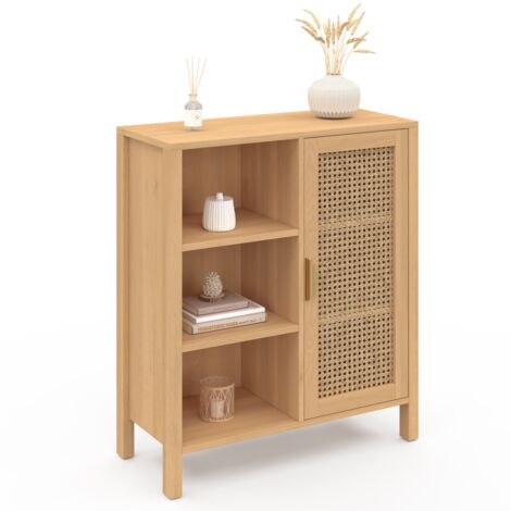 Idmarket – Buffet d'appoint 3 étagères et placard 70 cm – Bois et cannage – Design élégant pour rangement pratique – Montage facile