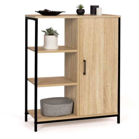 Idmarket – Buffet d'appoint 3 étagères et placard 70 cm – Bois et métal noir – Design industriel pour cuisine, bureau ou chambre – Montage facile