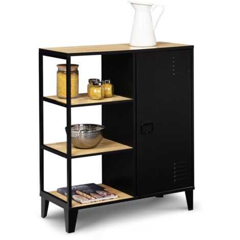 Idmarket – Buffet d'appoint 70 cm – 3 étagères et placard en métal noir et bois – Design industriel pour cuisine et bureau