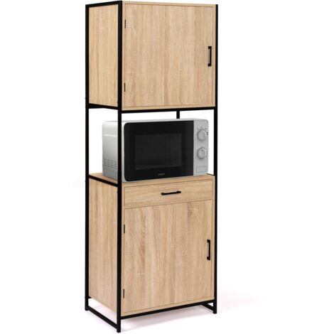 Idmarket – Buffet de cuisine 60 cm – 2 portes et tiroir – Design industriel en métal noir et effet bois – Rangement optimisé pour ustensiles