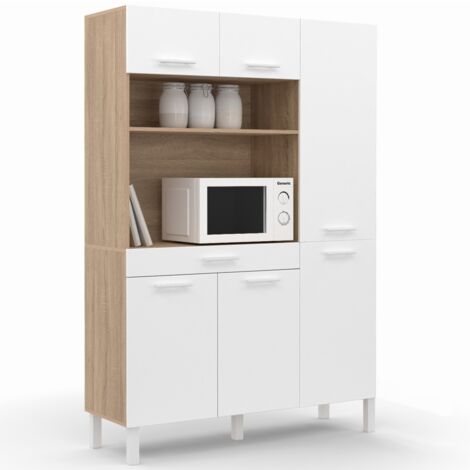 Idmarket – Buffet de cuisine colonne de rangement 120 cm – 6 portes + tiroir – Façade hêtre et blanc – Dimensions 120x40x177 cm