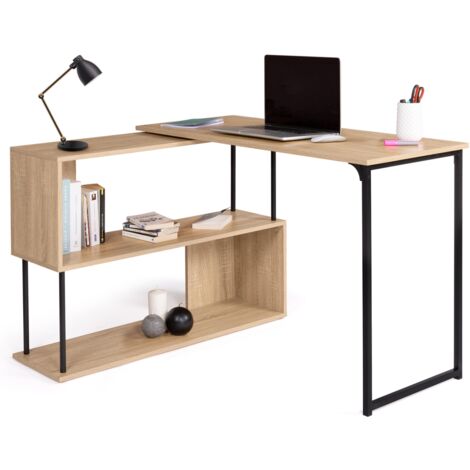 Idmarket – Bureau d'angle rotatif 180° – Étagère en S – Structure bois et métal noir – Longueur 165,5 cm – Hauteur 72/75 cm – Design industriel
