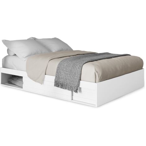 Idmarket – Cadre de lit double avec rangements – 140x190 cm blanc – Sommier 10 lattes inclus – Panneaux de particules de bois