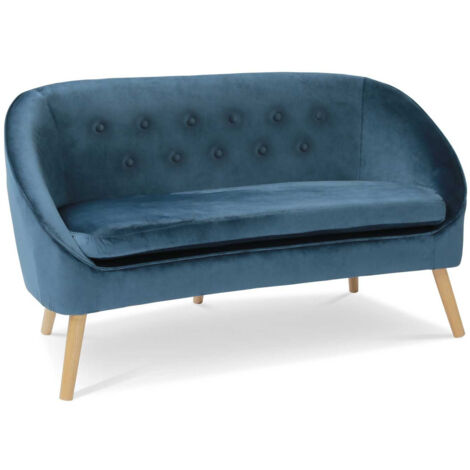 Idmarket – Canapé banquette velours bleu 135 cm – Design rétro chic – 5 pieds en bois scandinave – Confort moelleux et dossier capitonné