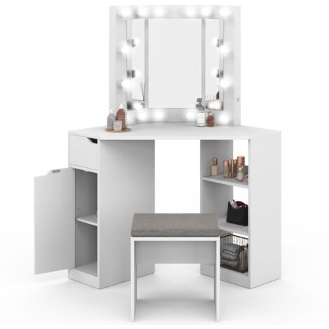 Idmarket – Coiffeuse d'angle blanche avec 3 miroirs LED – Dimensions 110x55x140cm – 3 étagères et 1 tiroir pour rangement – Tabouret assorti