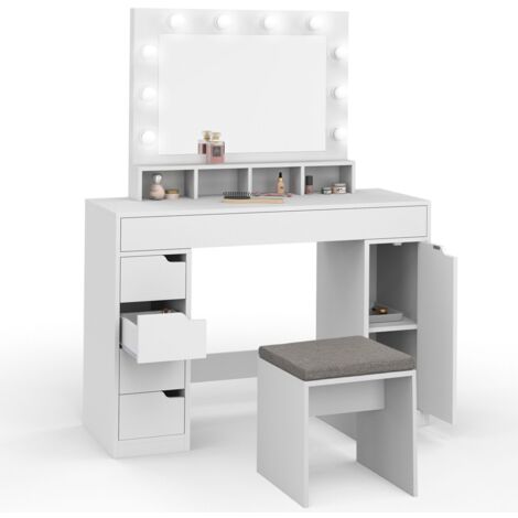 Idmarket – Coiffeuse ZELIA blanche avec miroir LED 10 lumières – 4 niches et 5 tiroirs – Dimensions 110x40x140 cm – Tabouret rembourré inclus