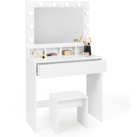 Idmarket – Coiffeuse ZELIA miroir LED 10 LEDs – 4 niches et 1 tiroir – Dimensions 80x40x140 cm – Tabouret inclus pour espace beauté moderne