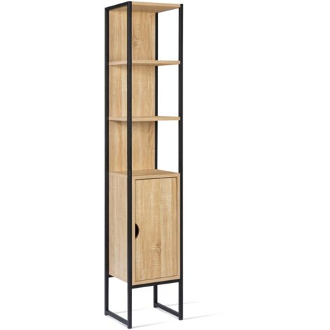 Idmarket – Colonne de salle de bain 1 porte – Bois et métal noir – Compact 30x30x170 cm – 3 étagères ouvertes pour rangement décoratif