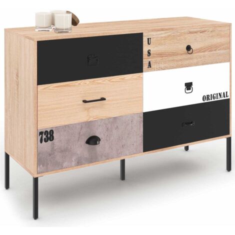 Idmarket – Commode 6 tiroirs 115 cm – Design industriel dépareillé – Panneaux de particules et métal – Idéale pour rangement optimal