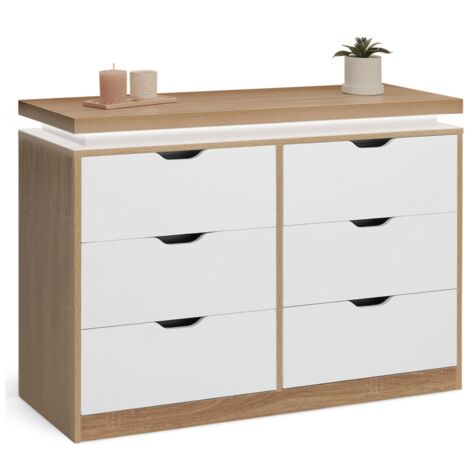 Idmarket – Commode 6 tiroirs blanche effet bois – Longueur 115 cm – Hauteur 80 cm – Bandeau LEDs 16 coloris – Tiroirs spacieux 19 cm de haut