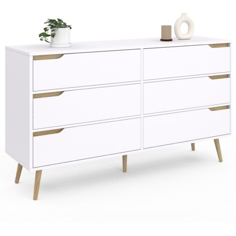 Idmarket – Commode 6 tiroirs scandinave 140 cm – Blanc avec pieds en pin massif – Dimensions optimisées pour chambre ou bureau – Montage facile