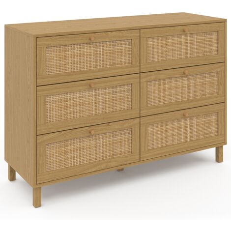 Idmarket – Commode 6 tiroirs effet naturel cannage 115 cm – Dimensions 115x40x80 cm – Panneaux de particules – Montage simple