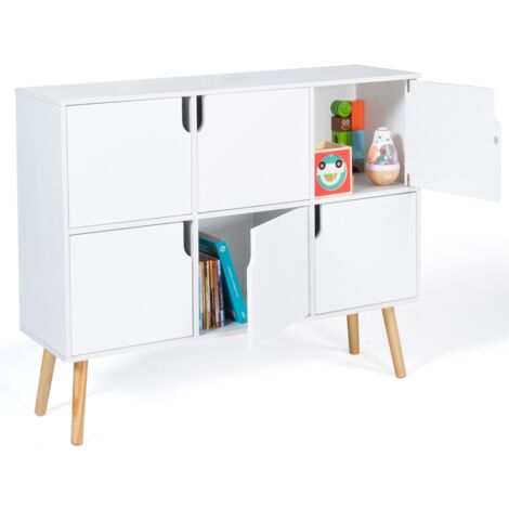 Idmarket – Meuble de rangement cube enfant avec 6 cases en bois blanc – Dimensions 100x30x80 cm – Pieds en bois de hêtre 20 cm – Bibliothèque enfant