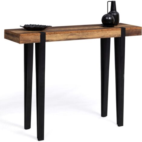 Idmarket – Console bois foncé 100 cm – Pieds épingle métal – Épaisseur plateau 6,5 cm – Design bicolore noir et bois vieilli – À monter soi-même