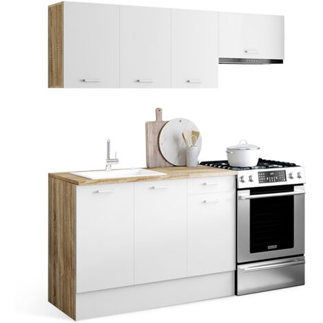 Idmarket – Cuisine complète 180 cm – Structure effet bois et façades blanches mates – Plan de travail 2,5 cm – Hauteur 90 cm – Largeur 60 cm