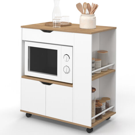Idmarket – Desserte micro-onde cuisine avec tiroir et étagères à épices – Bois blanc et hêtre – Dimensions L.76 x P.46 x H.85 cm – 4 roulettes