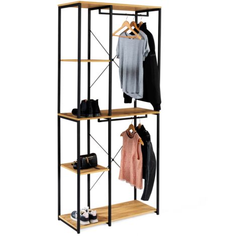 Idmarket – Dressing double penderie 90 cm – Structure métal noir – Étagères en bois 1,5 cm – Rangement maxi-capacité pour vêtements
