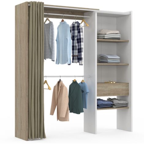 Idmarket – Dressing modulable extensible 120/170 cm x 50 cm x 180 cm blanc – 4 étagères hêtre – Double penderie avec rideau taupe